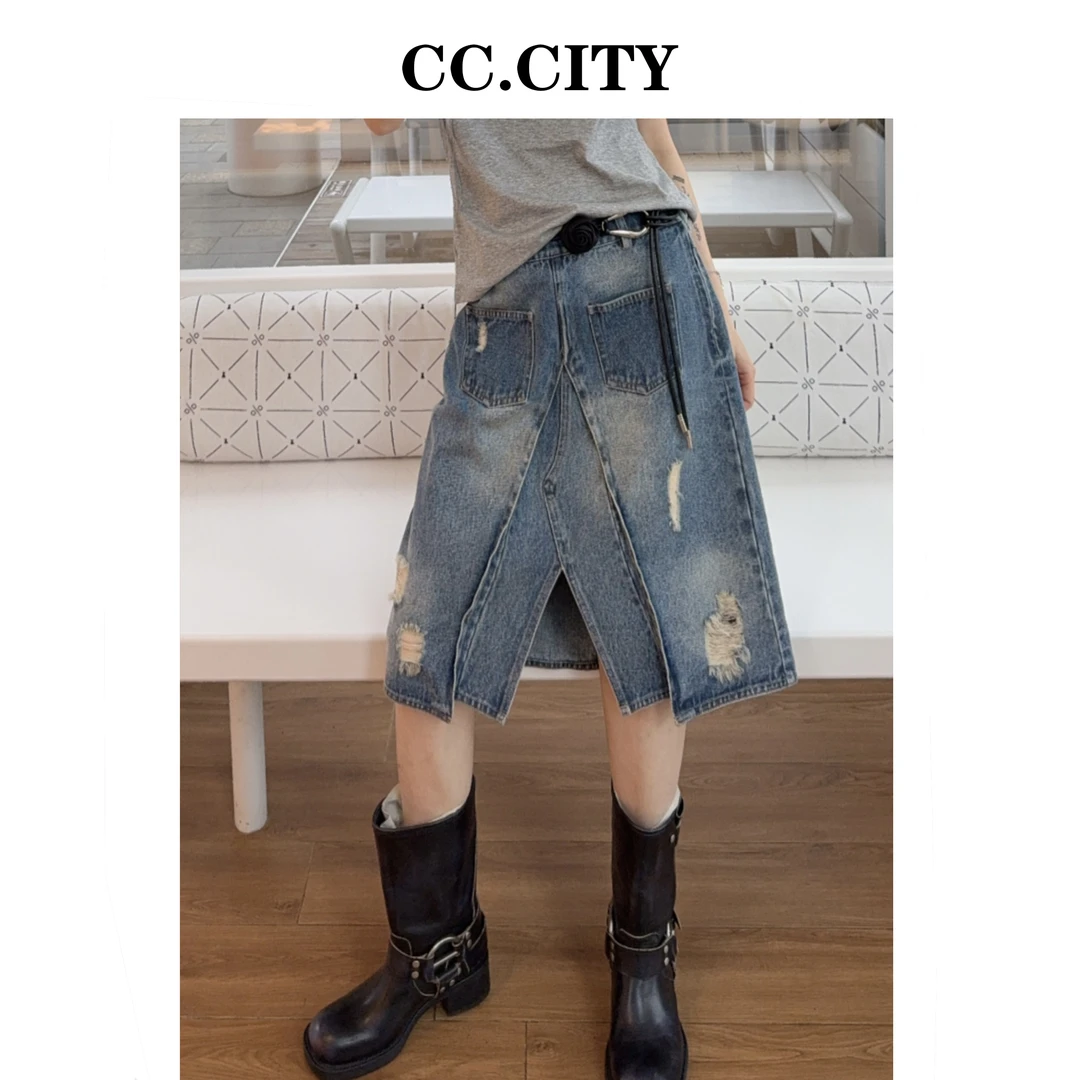 【蔡丽丽 & 添羽 】时尚洋气个性百搭复古牛仔花朵腰带半裙6x902