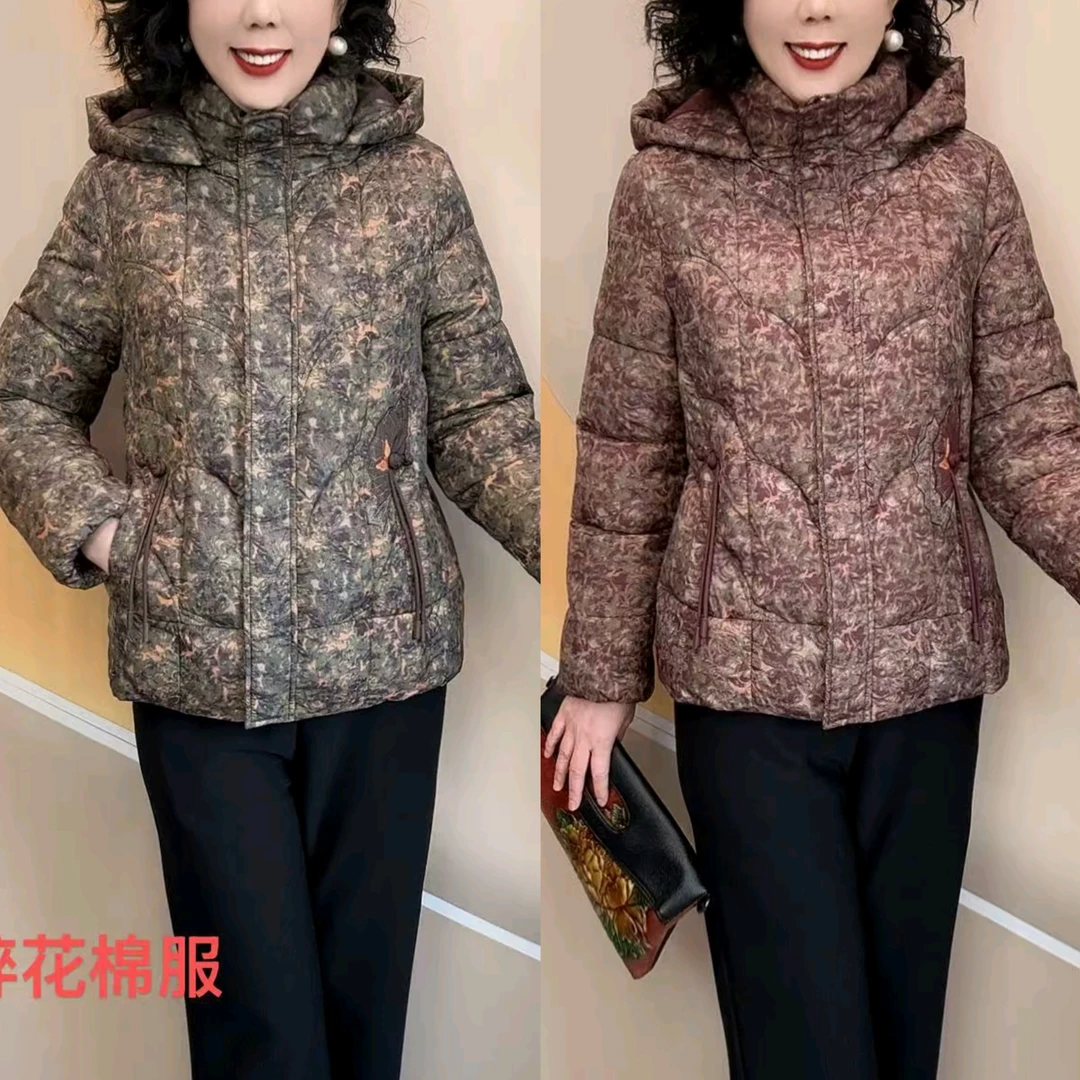 高端时尚冬季石墨烯云绒活帽优雅妈妈时尚碎花洋气棉服,(65衣长）