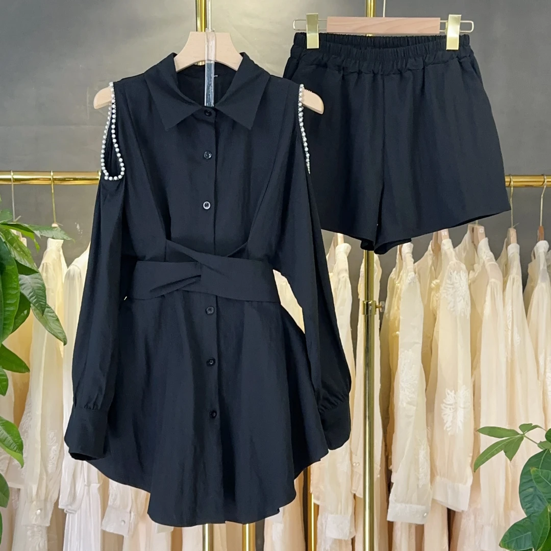 【RG225】2025新款显瘦气质时尚夏季黑色收腰设计师拼接百搭套装