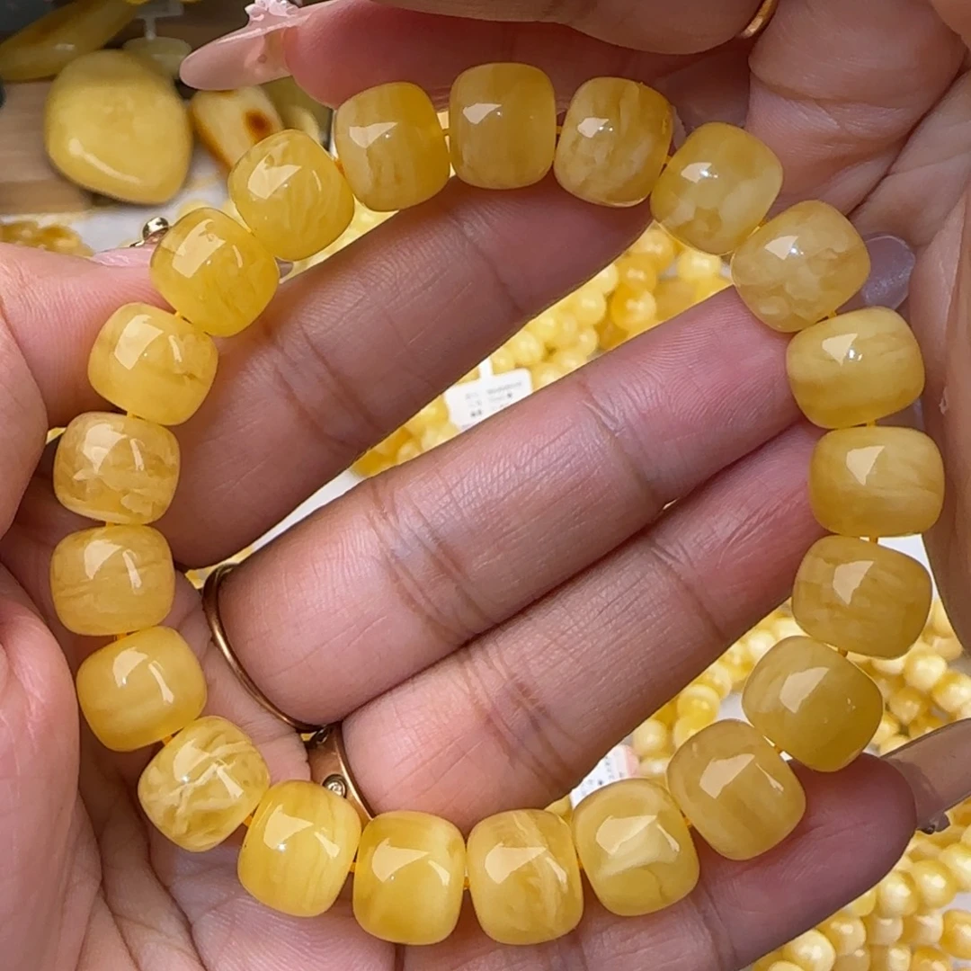 蜜蜡未镶嵌手串鸡油黄虎皮妖花老型手串