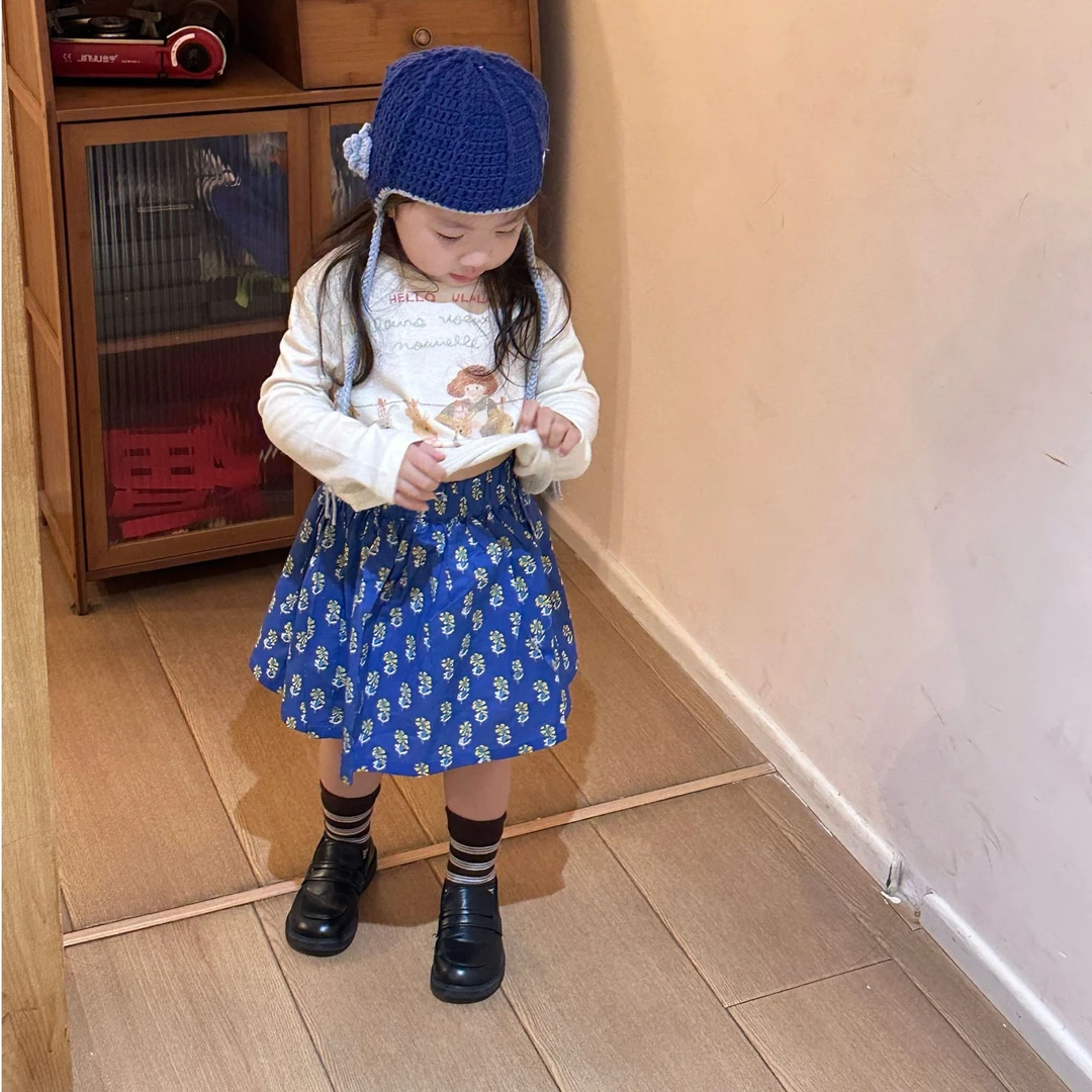 壹妈韩版童装女童秋季套装洋气儿童卡通t恤长袖上衣蓝色碎花半裙