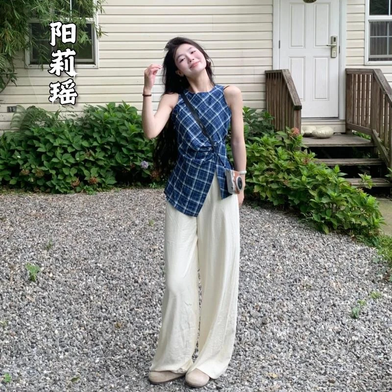 夏季搭配一整套法式别致复古蓝色格子背心开叉无袖上衣阔腿裤套装