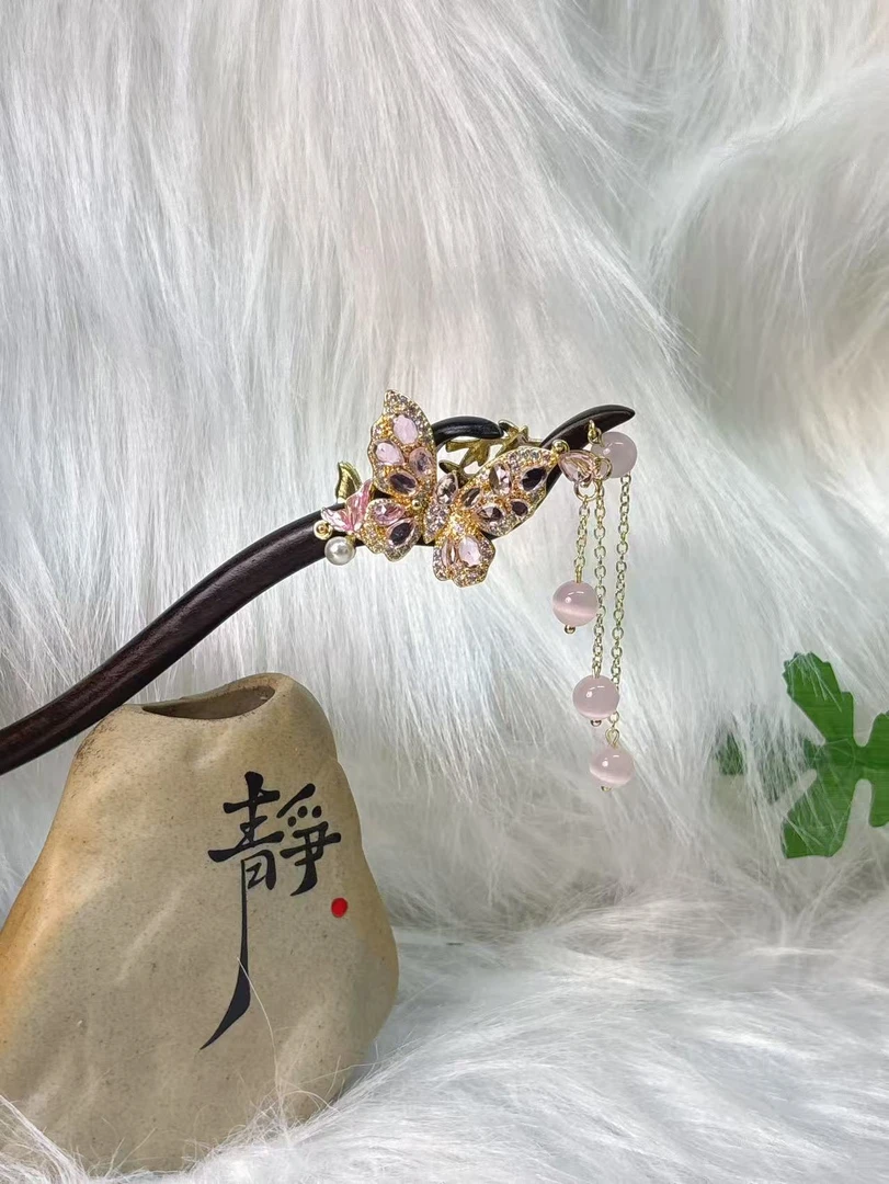 炑歌K221单钗原创设计粉色蝴蝶简约时尚18公分发簪