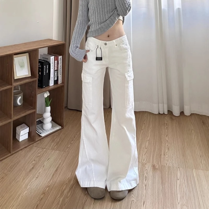 美式高街白色微喇工装牛仔裤女小众设计多口袋直筒阔腿裤拖地长裤