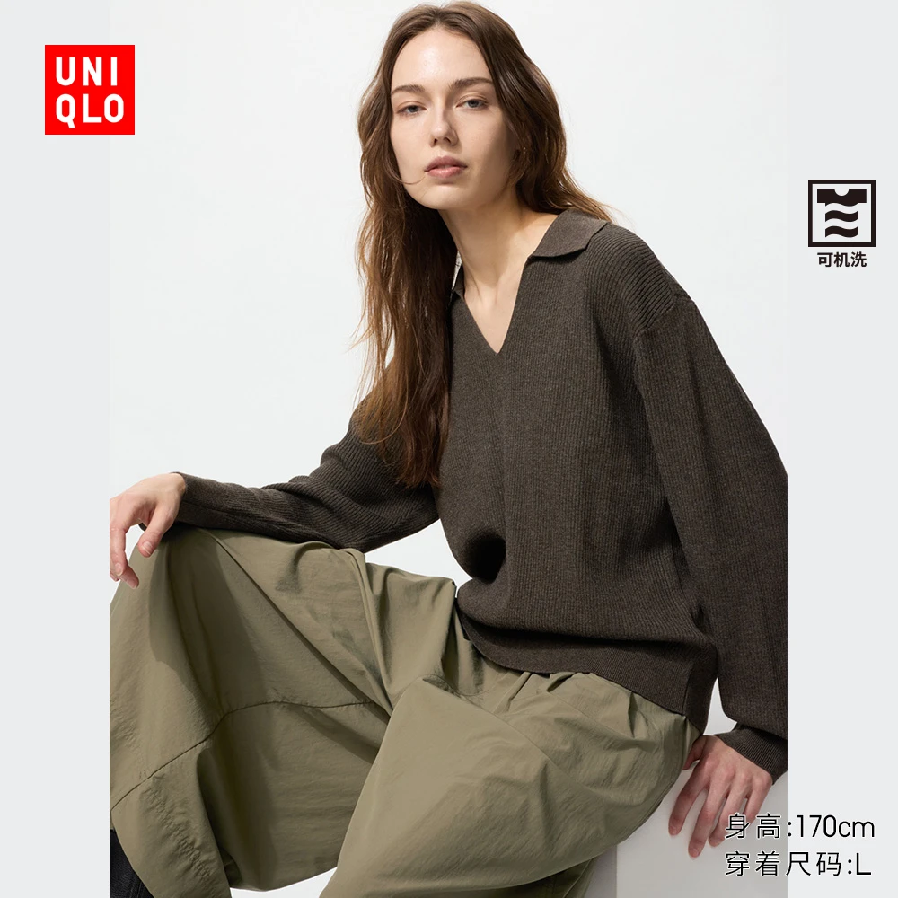 优衣库 女装 可机洗罗纹半开领针织衫/毛衣 480414