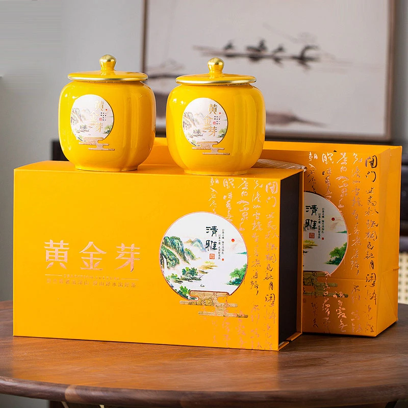 黄金芽茶叶礼盒装高档陶瓷罐正宗明前绿茶白茶送礼礼品茶