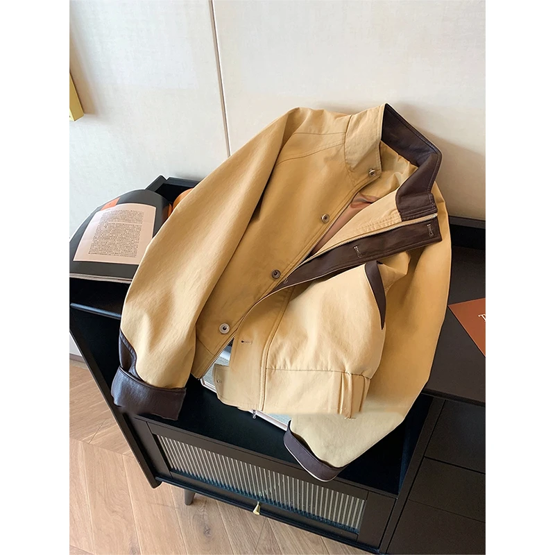 卡其色拼皮立领夹克短外套女2025秋季新款高级感显瘦气质工装上衣
