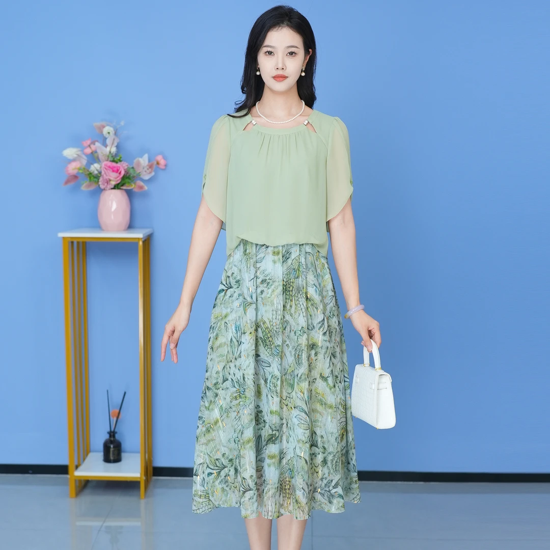 【SJYF1379】夏季新款连衣裙中长款气质中式收腰印花修身女装连衣裙