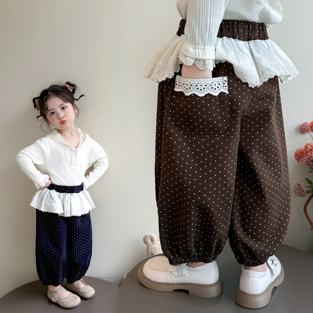 女童裤子秋季2025新款女宝屁帘波点裤春秋款儿童束脚裤子韩版洋气