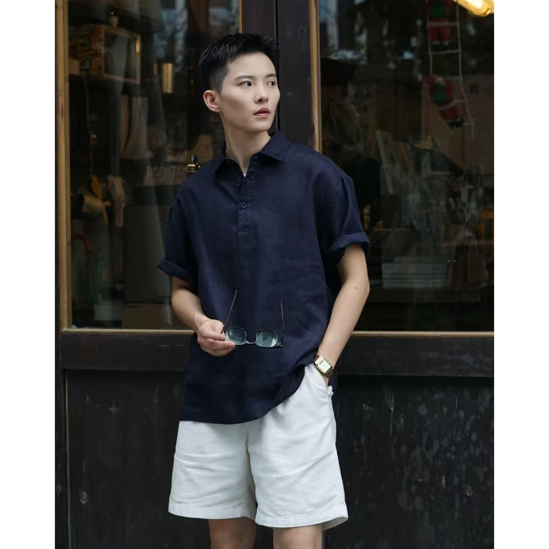 藏青色亚麻短袖衬衫男夏季轻薄透气防晒polo衫美式老钱风棉麻t恤