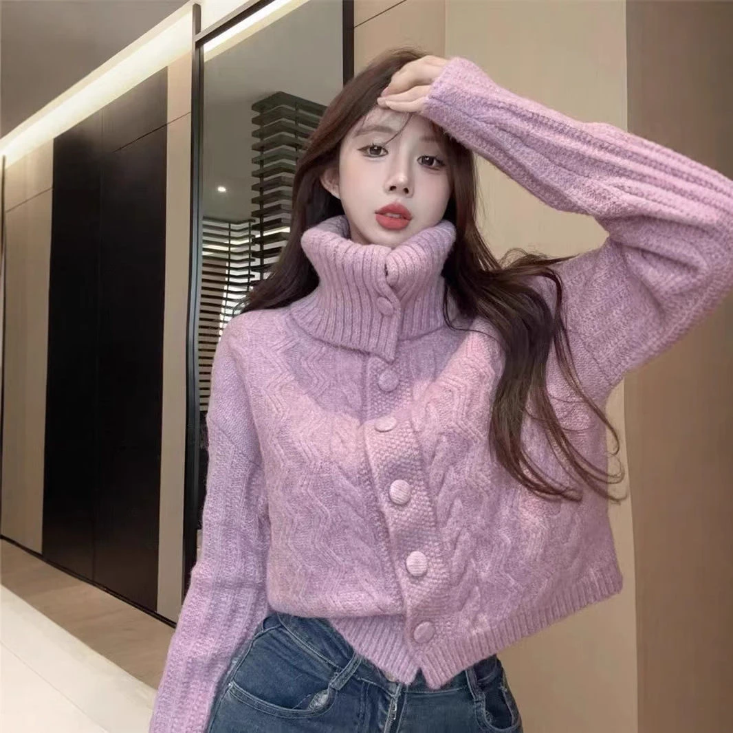 美拉德慵懒风高领毛衣女秋冬外穿高级感加厚短款针织开衫外套上衣