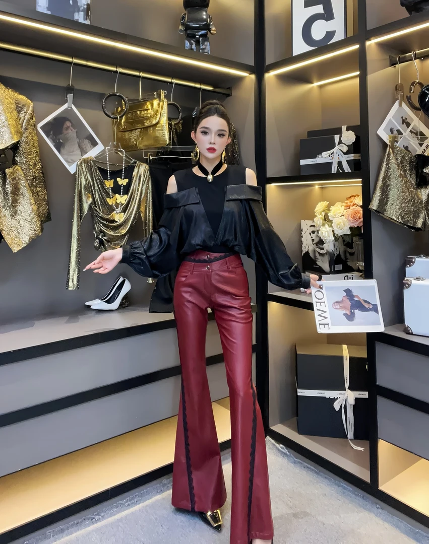 新wss女装-秋冬设计感高腰垂坠感休闲拖地微喇裤气质显瘦修长裤子