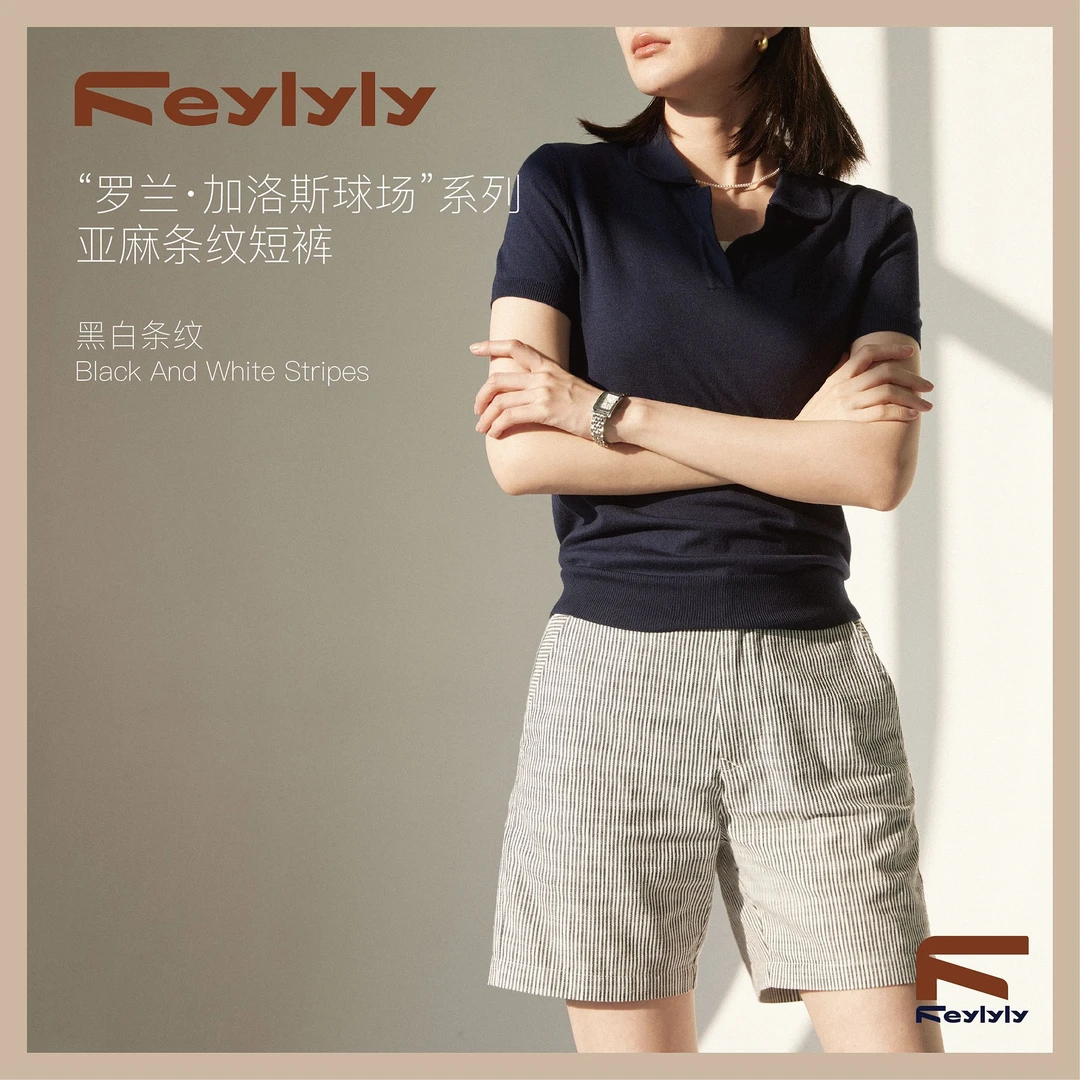 【FEYLYLY-2】“红土场”网球系列条纹休闲短裤亚麻4分裤