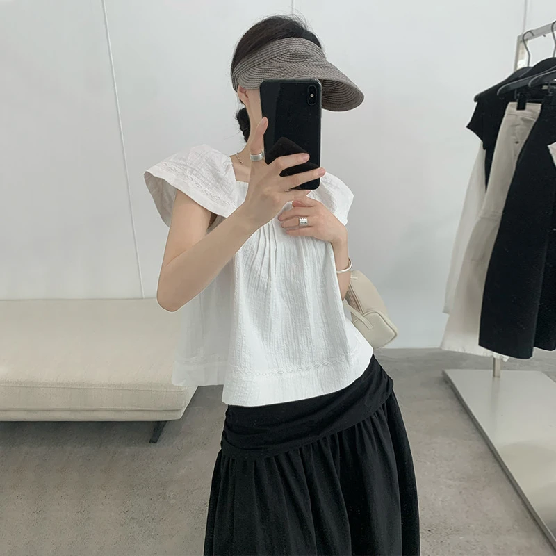 韩系风蕾丝拼接压褶松紧领口衬衫女2025夏日新款宽松上衣