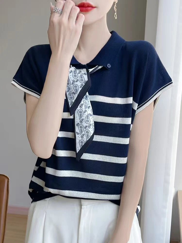 高级感POLO领丝巾小飞袖T恤女夏季薄款100天丝洋气设计感短袖