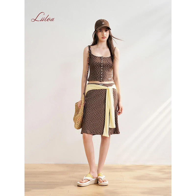 Liilou 25ss Luli core 全棉 碎花排扣修身背心A摆中长半裙套装