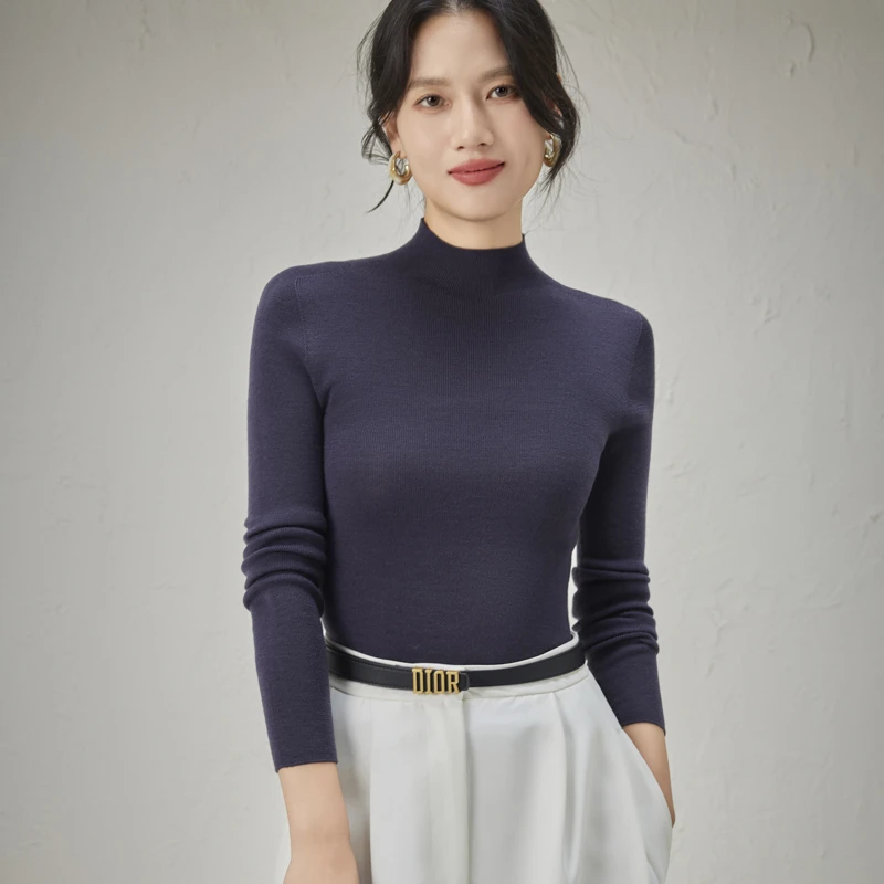 可机洗100%羊毛针织打底精纺德国扬子纱半高领无缝修身高弹内搭衫