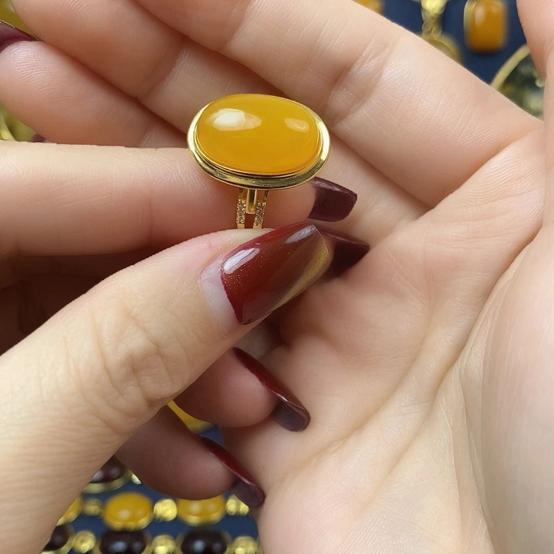 蜜蜡戒指银S925镀金镶嵌