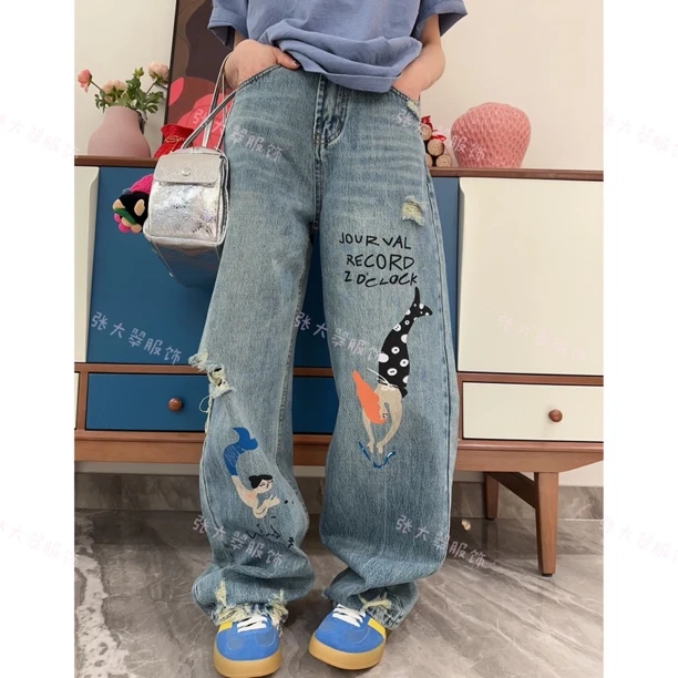 【Z.D.C】人鱼图案破洞牛仔裤/宽松休闲百搭时尚