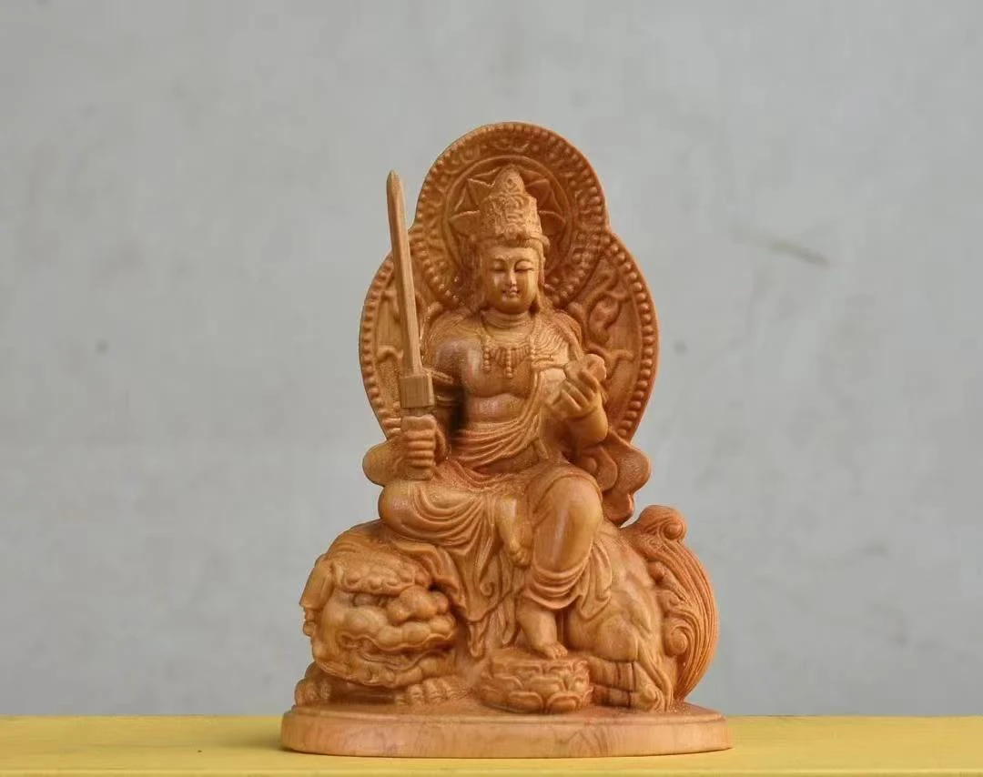 崖柏木雕文殊菩萨高10cm工艺品摆件创意根雕家居饰品中式摆件