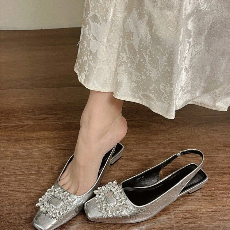 仙女风水钻包头2025年夏新款方头后空一脚蹬新中式玛丽珍中跟凉鞋