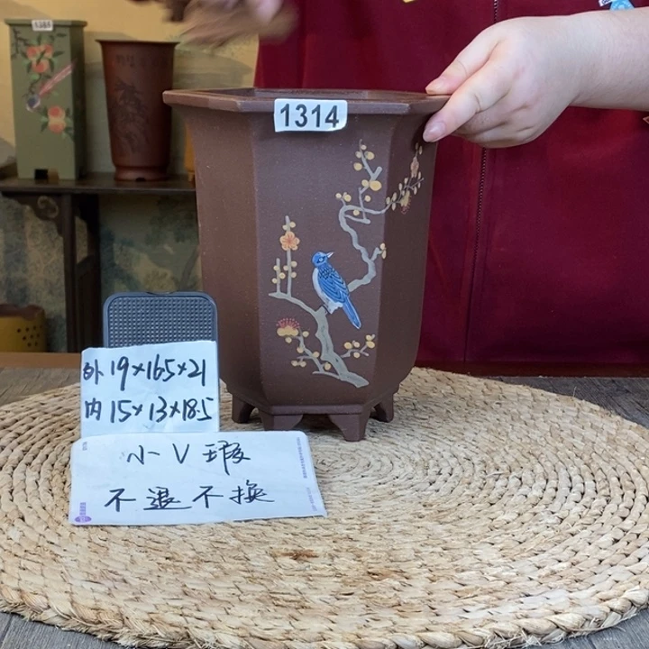 花盆紫砂  微微瑕紫泥手绘宫灯六方1314