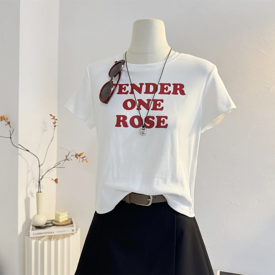 复古美式字母短袖T恤女2025夏季新款设计感短款修身圆领正肩上衣