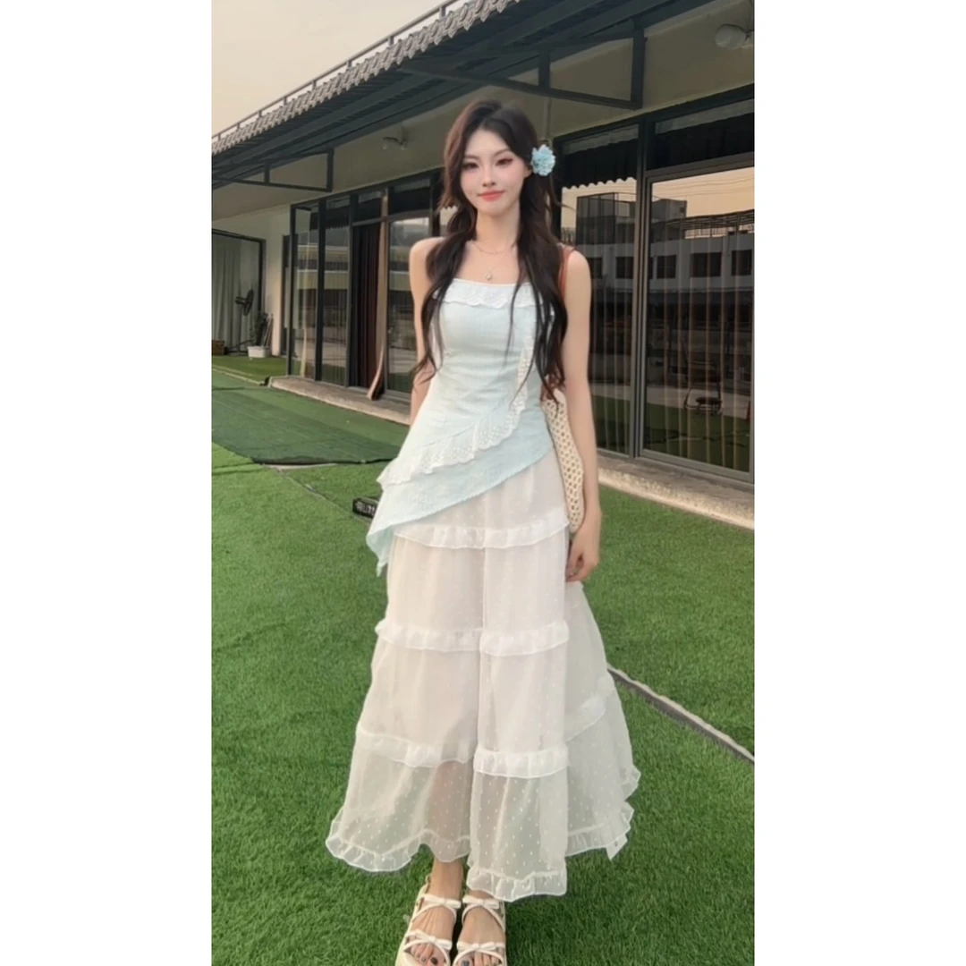 【轻氧假日】挂脖吊带连衣裙女夏季气质收腰显瘦a字长裙套装8535