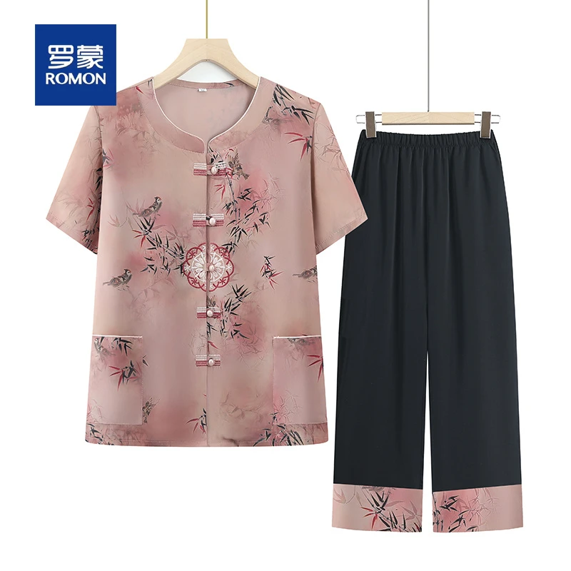 罗蒙夏季中式休闲套装妈妈装气质中老年女装小衫女宽松衬衫两件套