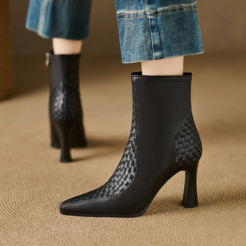 8.5cm复古风编织方头高跟短靴女真皮粗跟单靴时尚气质加绒靴子女