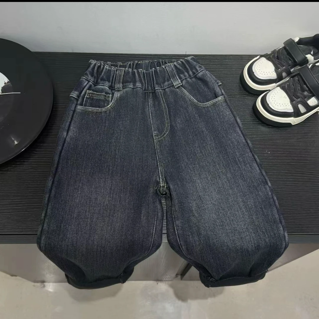 口袋米奇加绒老爹牛仔裤