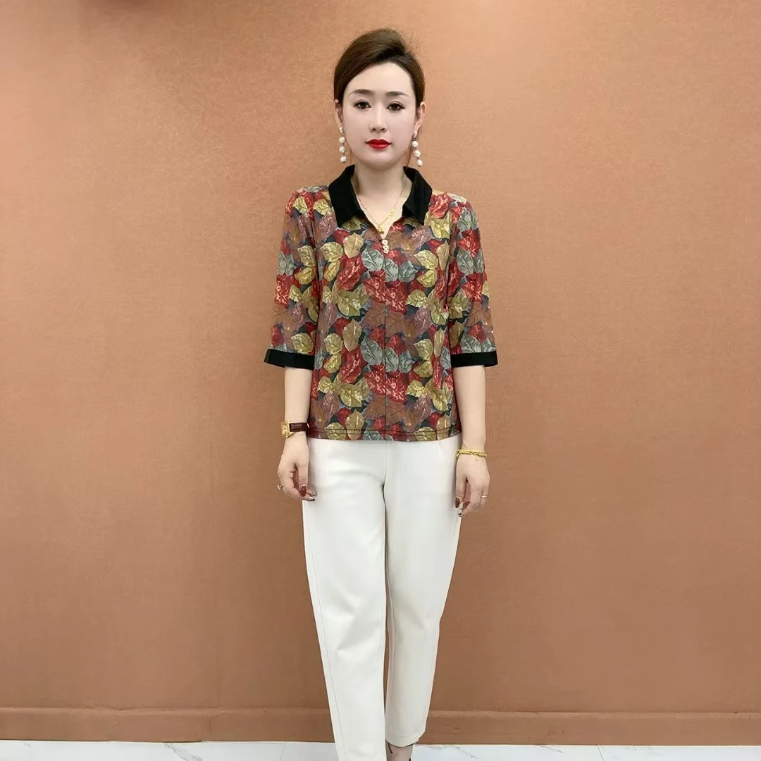 50岁妈妈款t恤夏季新款加肥宽松中老年女装加大码T恤显瘦妈妈装