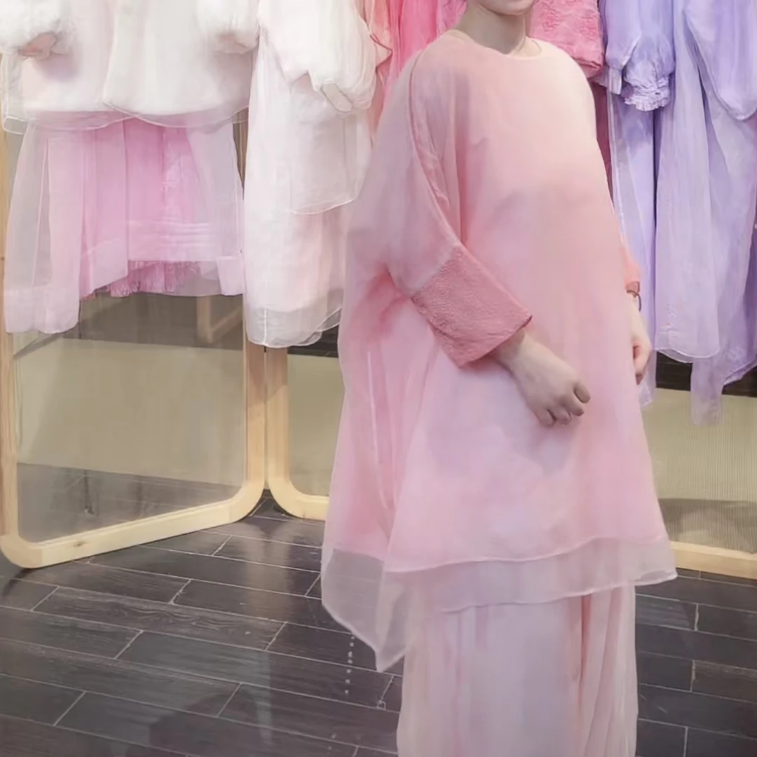 乌兰吉雅 原创设计高端女装桃红丝中长裙