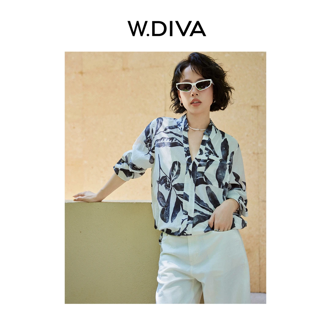 W.Diva【疏离】桑蚕丝清冷度假风洋气翻领下摆抽绳V领衬衫52S242169
