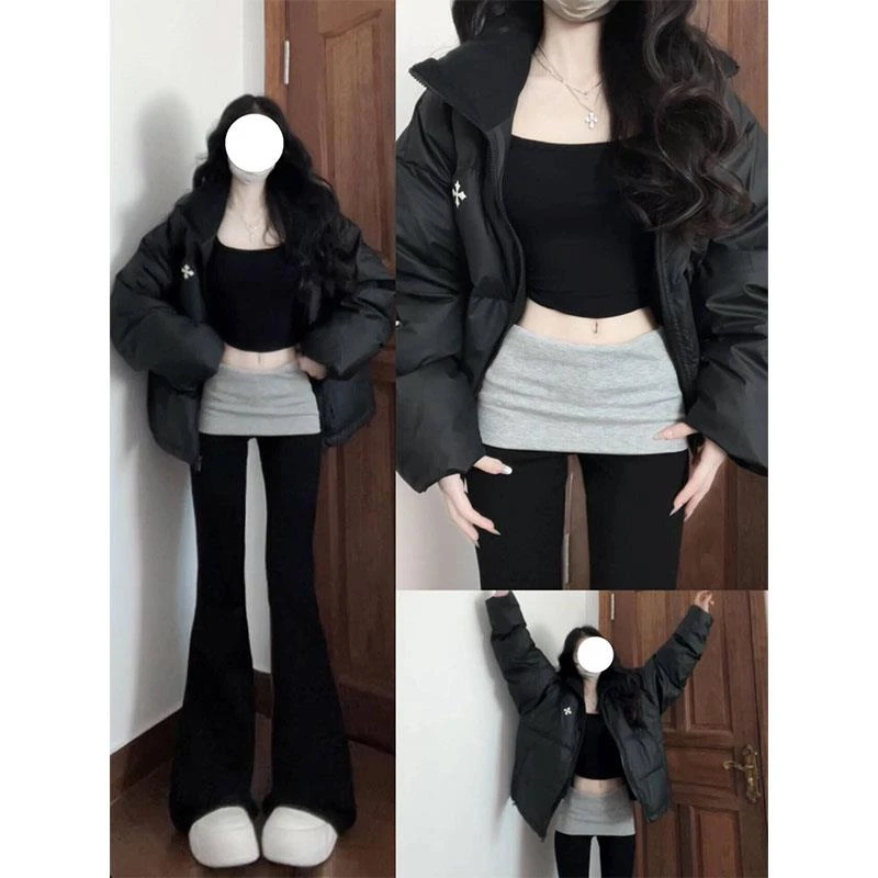 黑色高腰设计拼接撞色微喇裤女2025新款休闲百搭显瘦修身遛弯卫裤