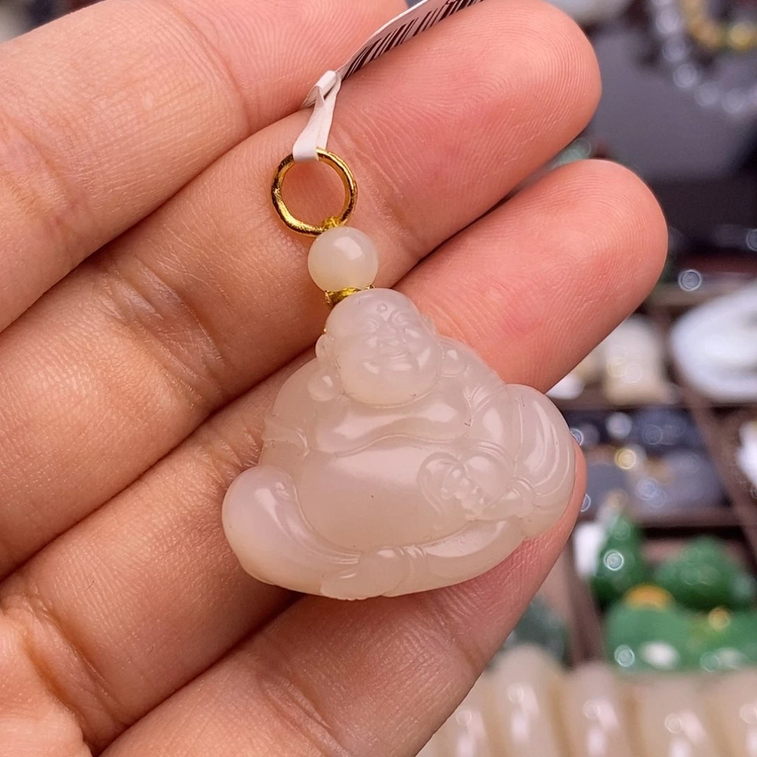 和田玉毕业级老矿料熟藕粉羊脂级红粉布袋弥勒佛未镶嵌