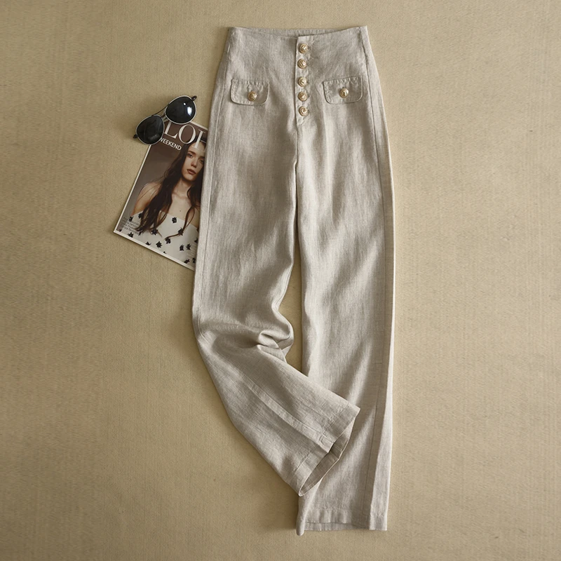 【小香风】亚麻阔腿裤女高腰垂感2024新款女裤宽松显瘦棉麻裤长裤