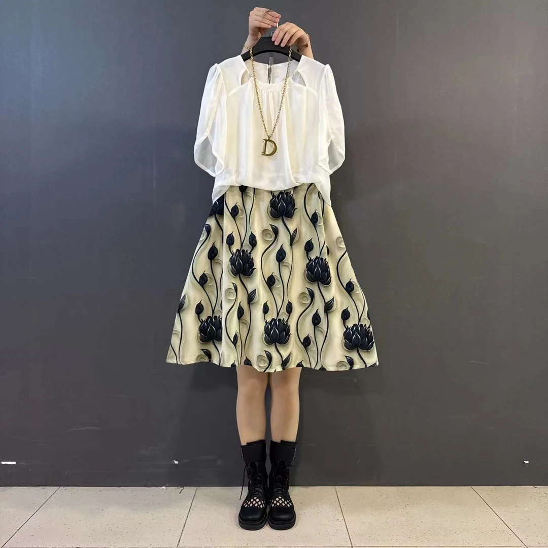 胖ＭＭ新款印花拼接假两件连衣裙雪纺碎花中长款裙