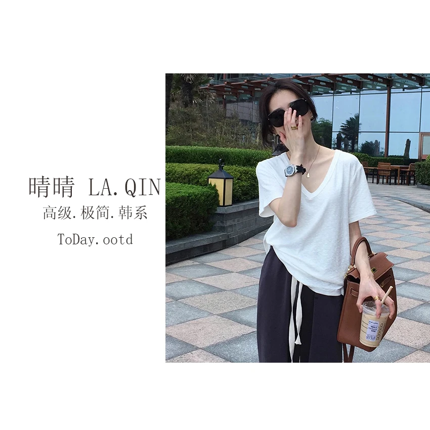 晴晴家-【六色麻感T恤】早春韩系百搭纯色V领六色麻感T恤9672