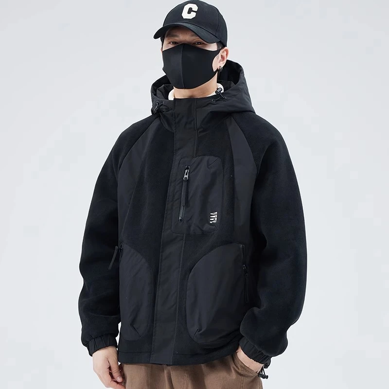 2025新款秋冬季男士连帽棉服保暖秋冬摇粒绒个性男士宽松连帽外套