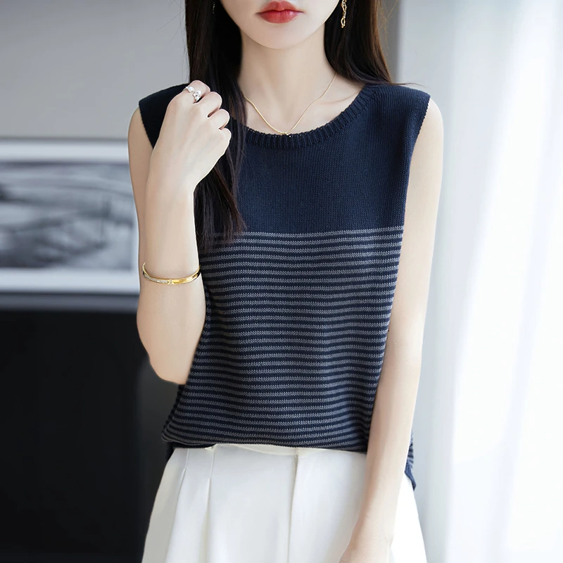 哥弟阿玛施正品冰丝条纹针织背心女2025夏季新款内搭打底吊带无袖