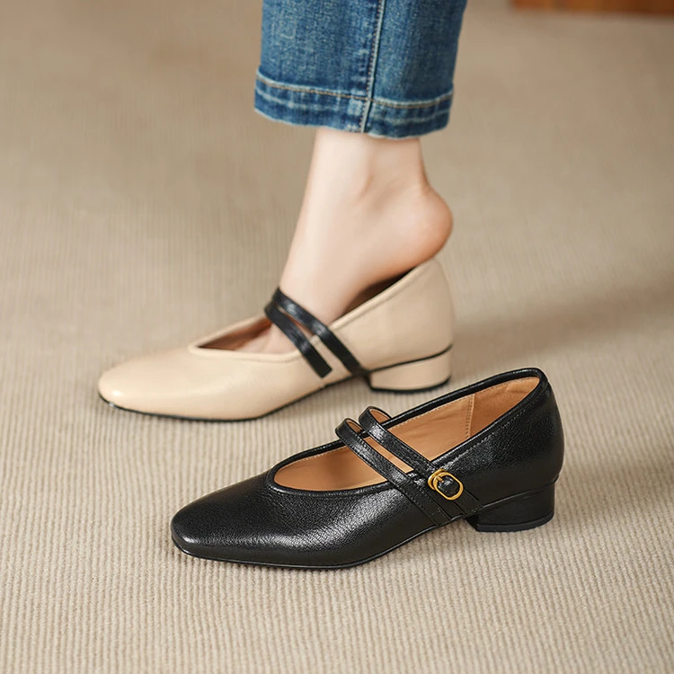 【跟高3CM】羊猪牛/时尚百搭一字带粗跟玛丽珍女鞋平底女单鞋