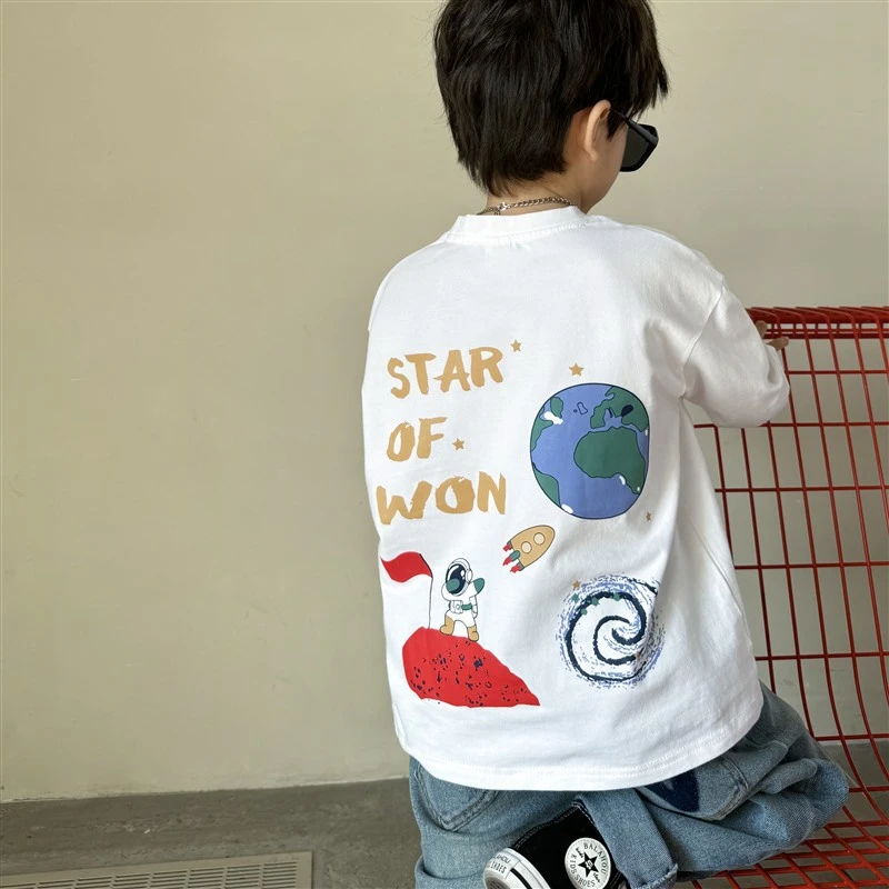 男童长袖T恤圆领秋季新款男孩纯棉长袖恤太空印花秋装衣服韩版潮