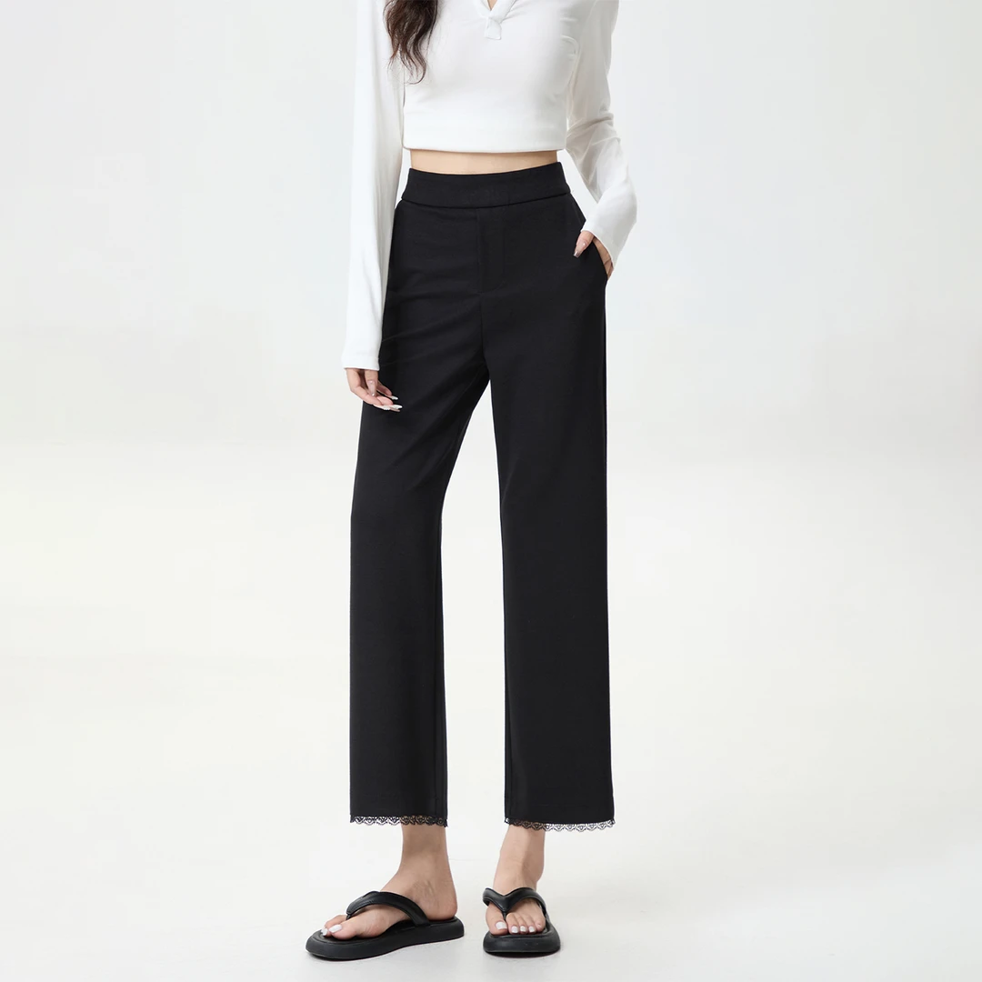 黑色蕾丝花边西装裤高腰直筒阔腿休闲裤女大码梨型遮胯显瘦九分裤