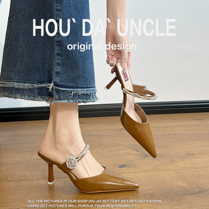 断码清货尖头水钻一字带外穿高级感细跟高跟包头仙女风凉拖鞋女