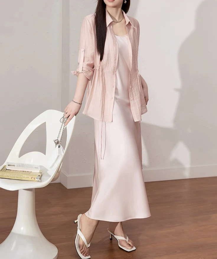 654【两件套】韩系高级设计款防晒衬衫+缎面吊带连衣裙套装（A21）