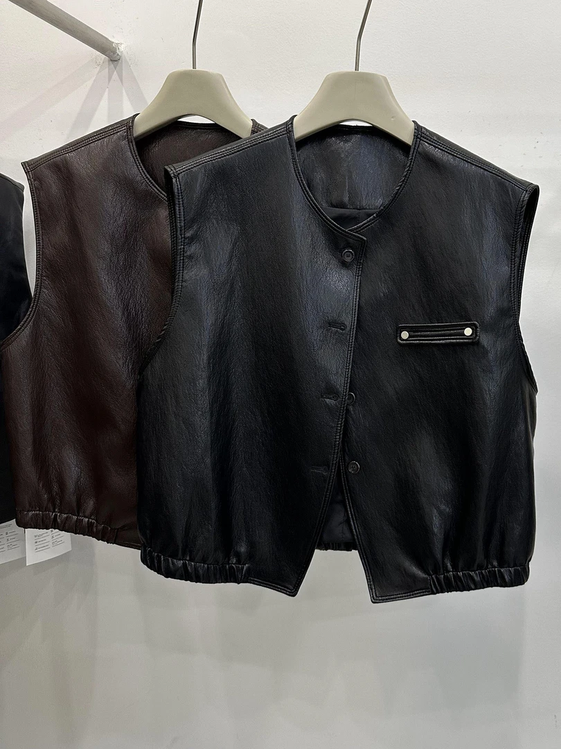 欧货复古PU皮马甲2025早秋新款软蛋白皮无袖坎肩8998