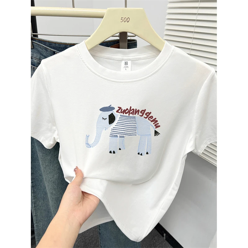 大码圆领正肩短袖女t恤夏季新款胖mm设计感洋气圆领半袖显瘦上衣