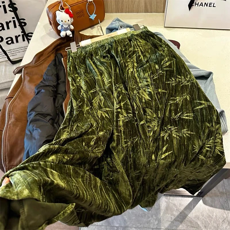 【清风摇】春季新中式绿色竹叶丝绒盘扣松紧腰显瘦开叉半身裙