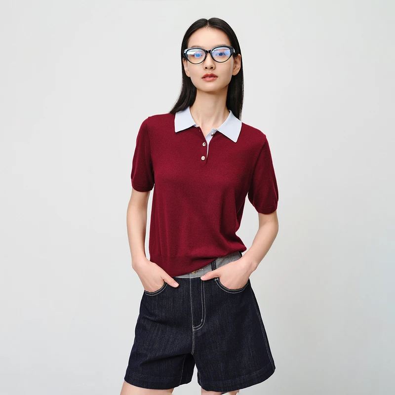 EP雅莹新款女装 红色polo羊绒衫羊毛短袖针织衫上衣9503A